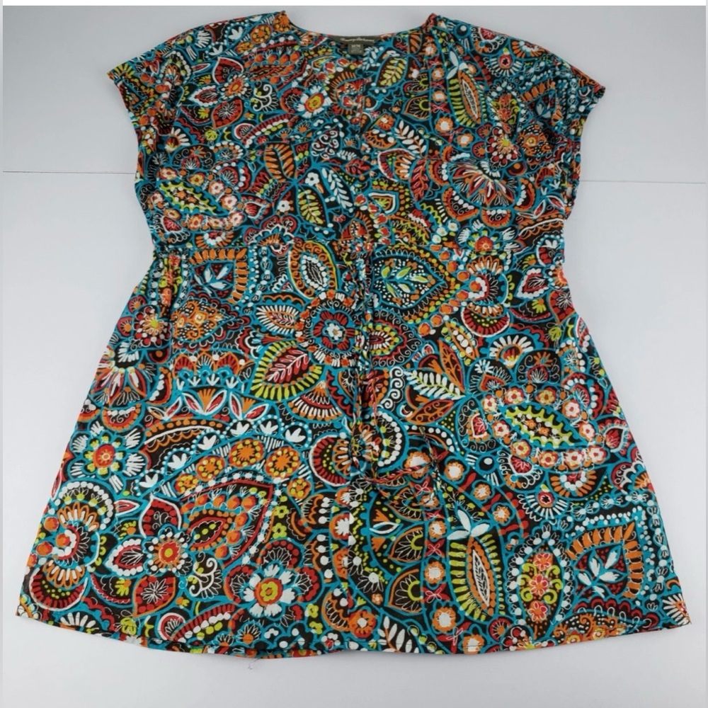 Tommy Bahama 100% Cotton Vibrant Multicolor Paisley Print Drawstring Blouse Sz:M